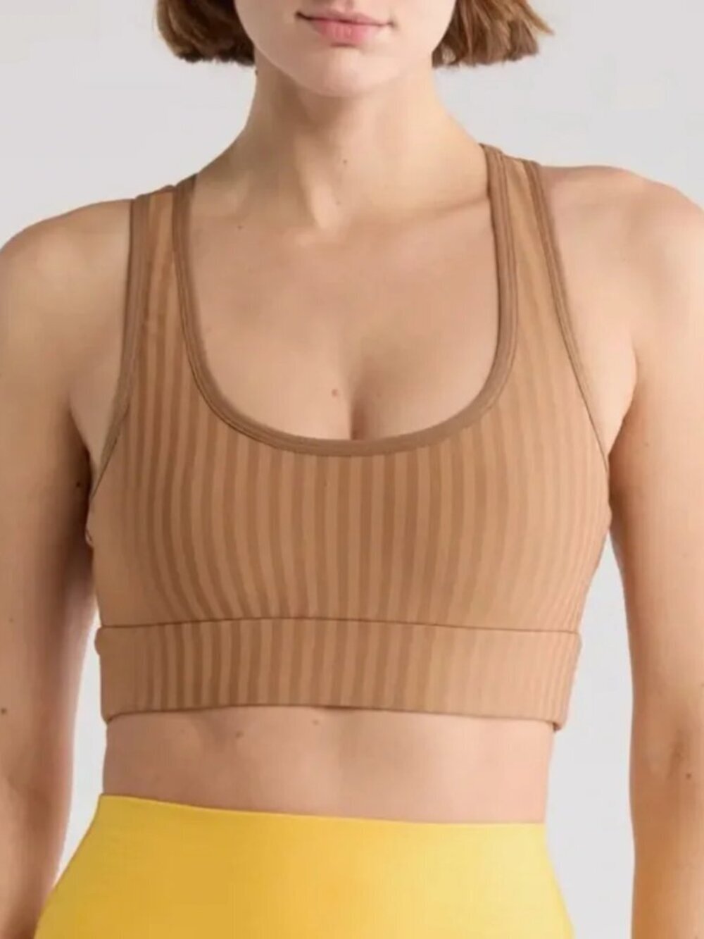 New Beyond Yoga Work It Over Long Line Toffee Sports Bra NWT
